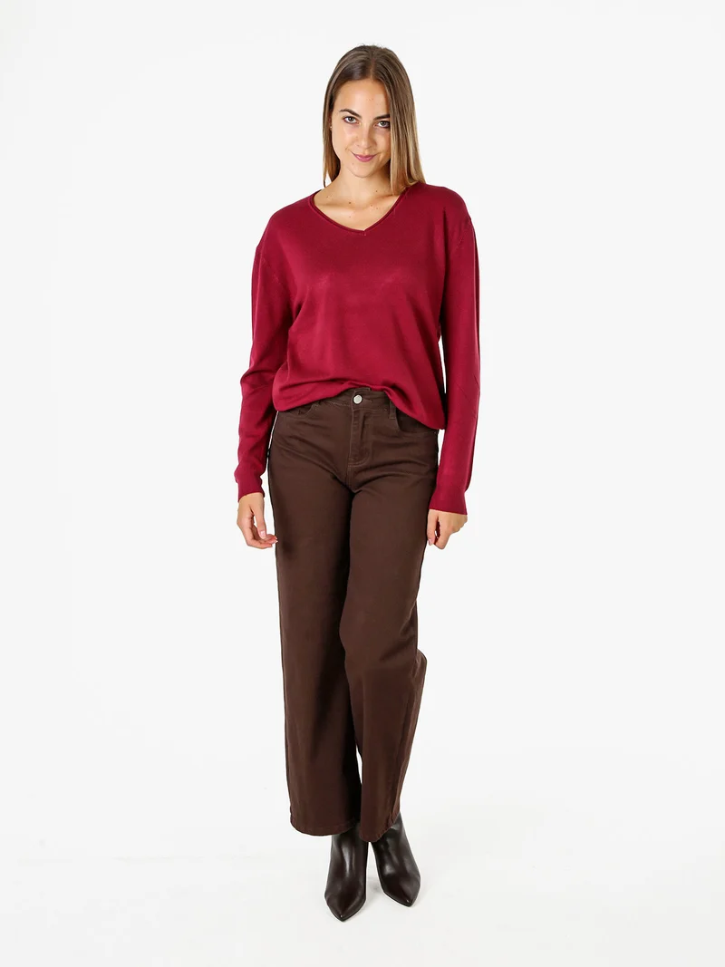Pullover donna in maglia con scollo V - bordeaux