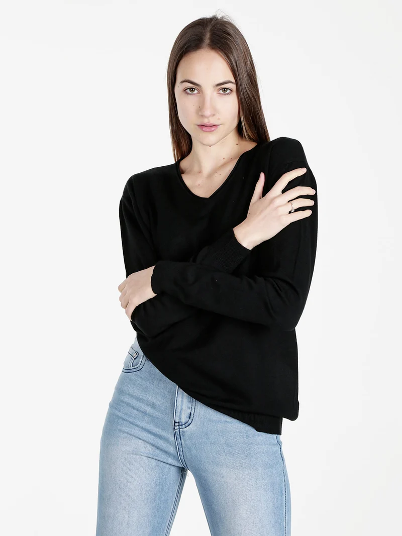 Pullover donna in maglia con scollo V - nero