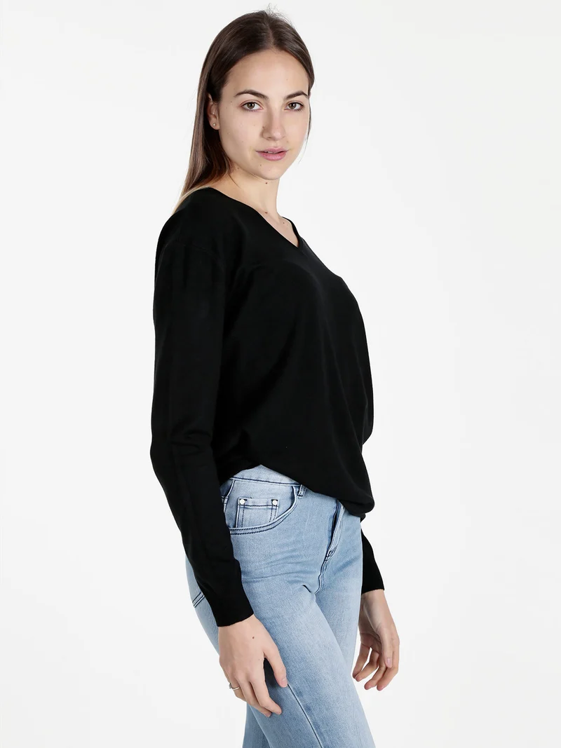 Pullover donna in maglia con scollo V - nero