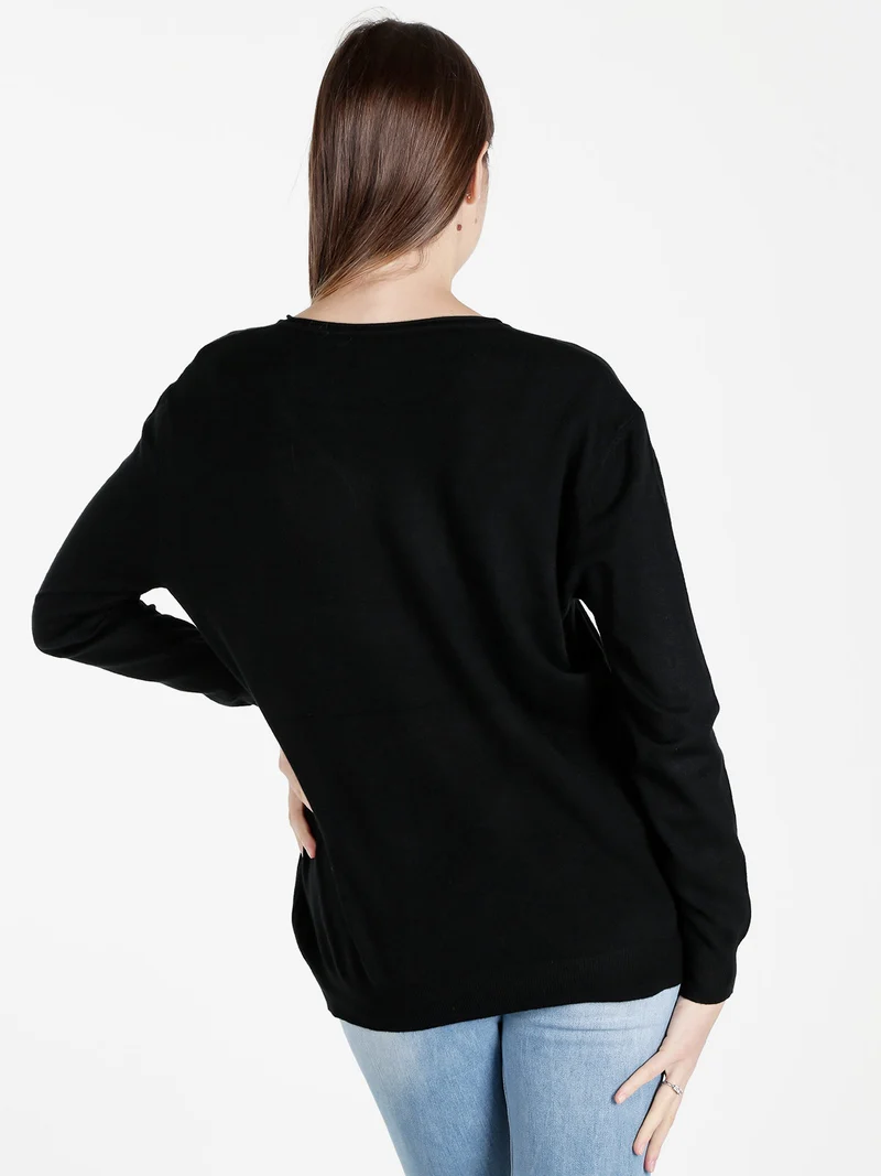 Pullover donna in maglia con scollo V - nero