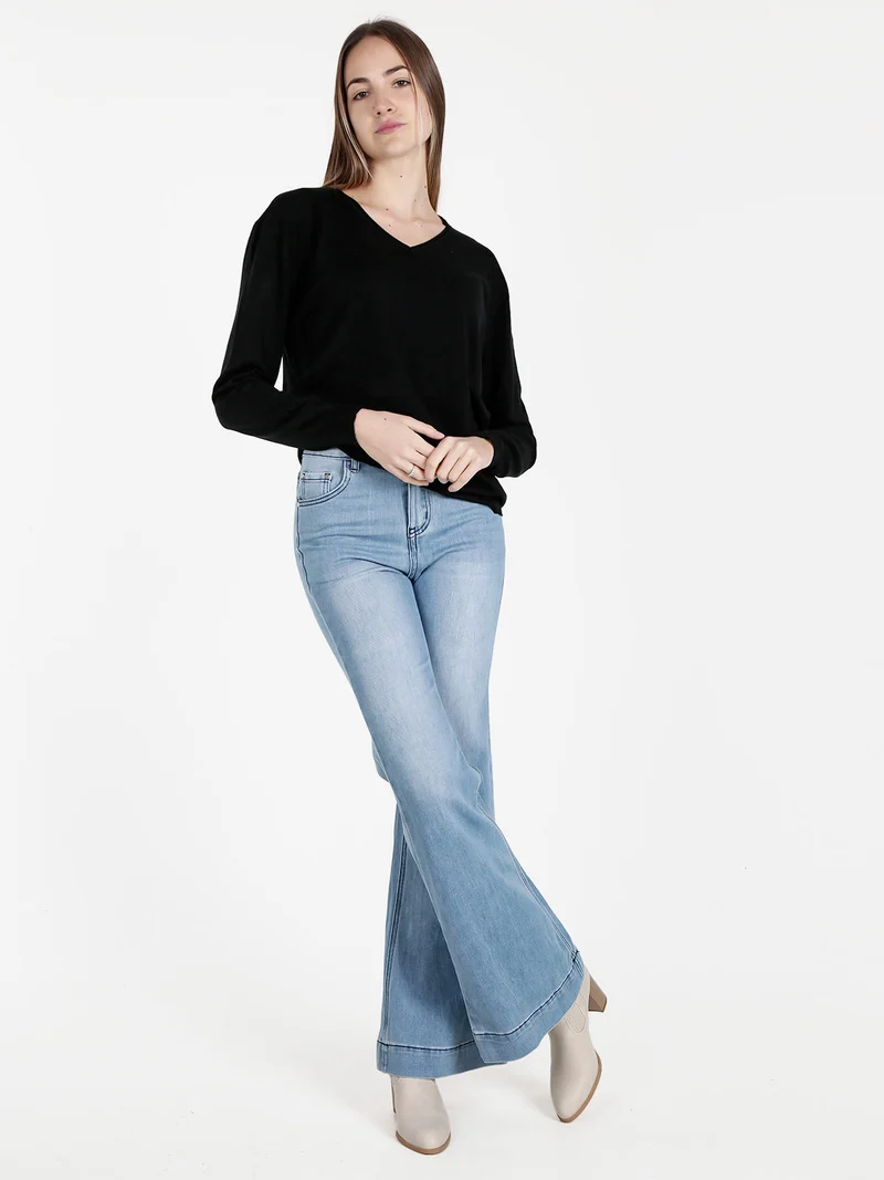 Pullover donna in maglia con scollo V - nero