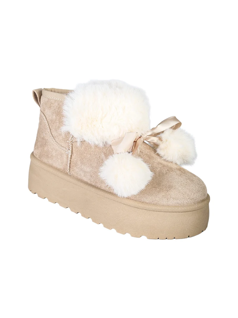 Stivaletti donna con platform in tessuto scamosciato con ecopelliccia - beige