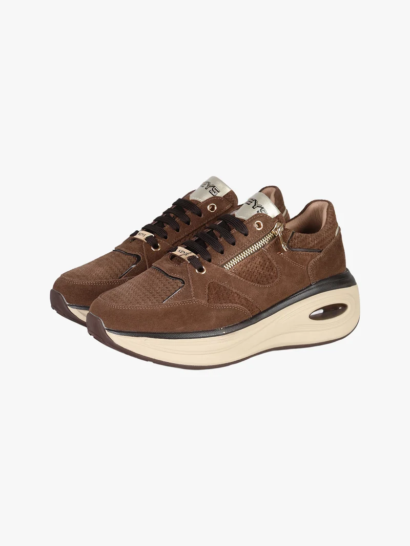 Sneakers donna in pelle scamosciata con zeppa air - moro