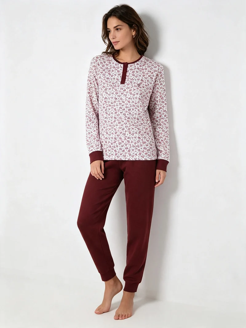 Pigiama lungo da donna in cotone con stampa fiorata - bordeaux