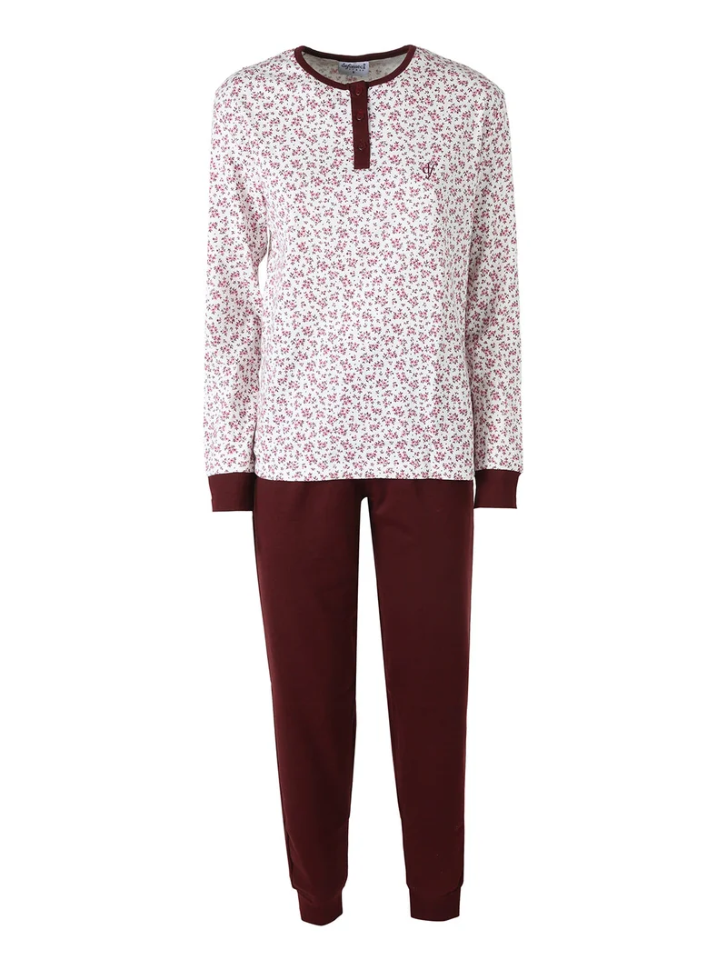 Pigiama lungo da donna in cotone con stampa fiorata - bordeaux
