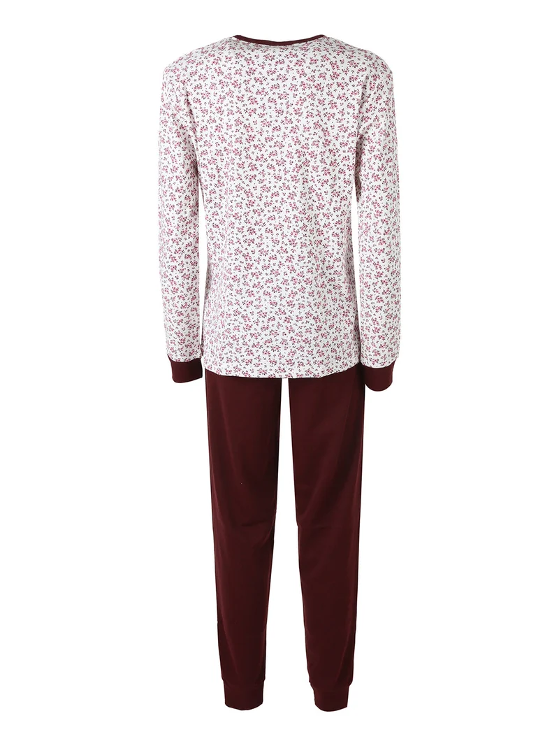 Pigiama lungo da donna in cotone con stampa fiorata - bordeaux