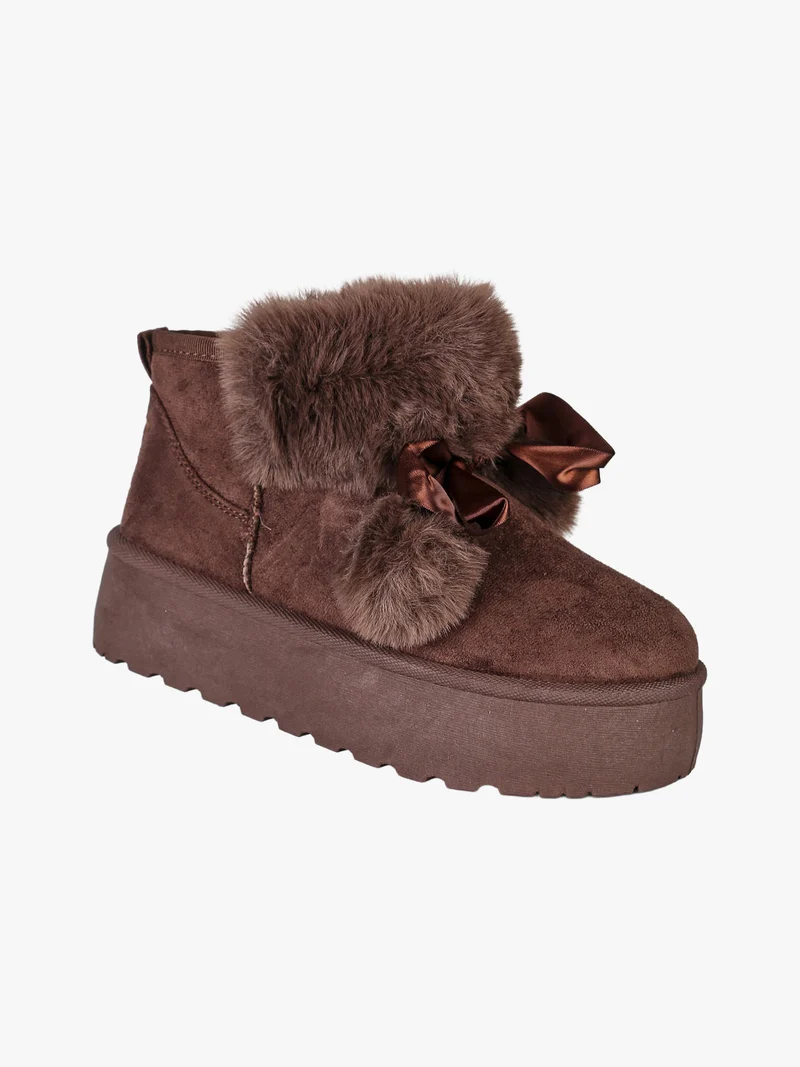 Stivaletti donna con platform in tessuto scamosciato con ecopelliccia - moro