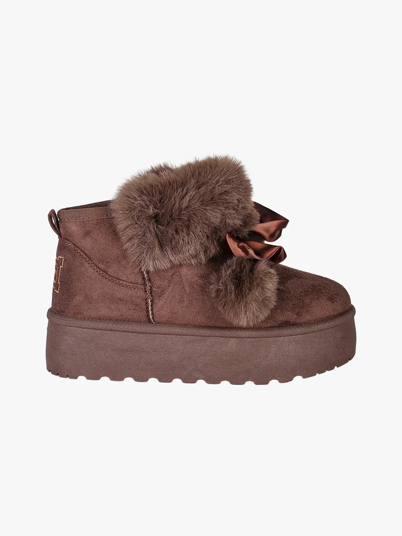 Stivaletti donna con platform in tessuto scamosciato con ecopelliccia - moro