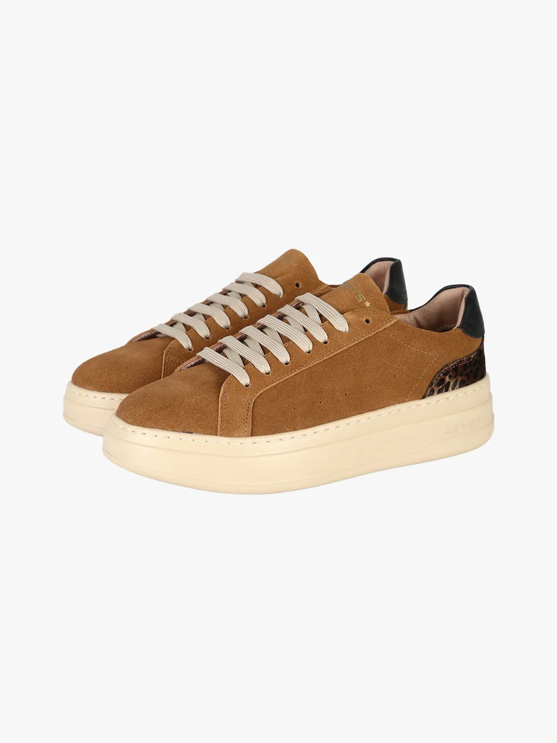 Sneakers donna in pelle scamosciata con platform e dettaglio animalier - marrone
