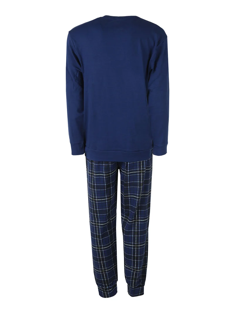 Pigiama lungo da uomo in cotone con pantaloni a quadri e calze incluse - blu scuro