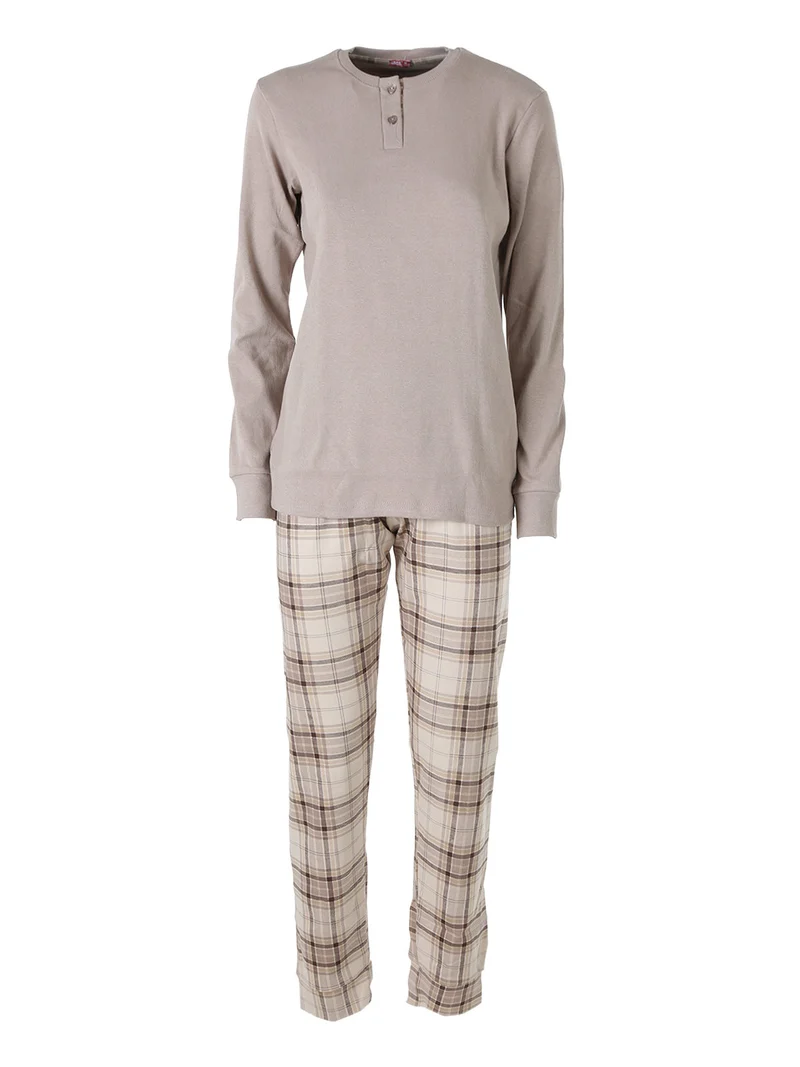 Pigiama lungo da donna a costine con pantaloni a quadri in cotone e calze incluse - sabbia