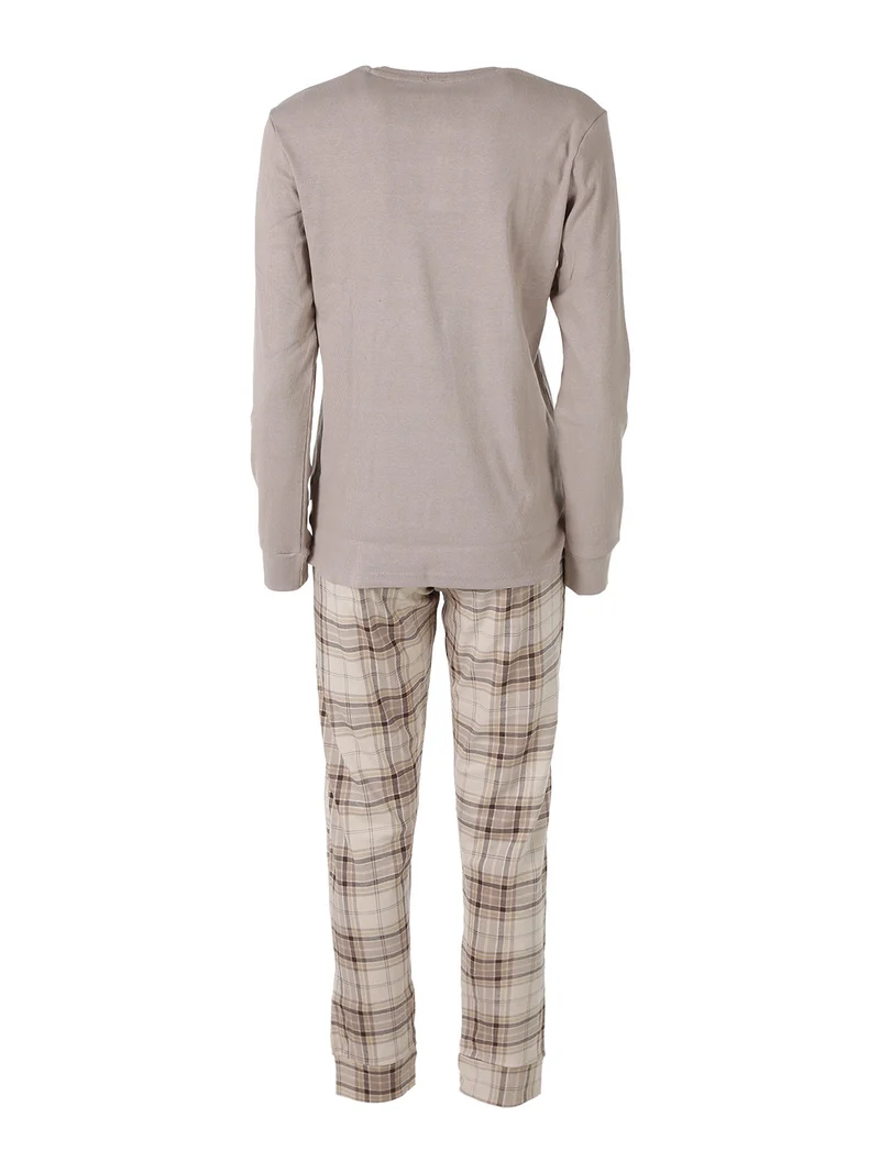 Pigiama lungo da donna a costine con pantaloni a quadri in cotone e calze incluse - sabbia