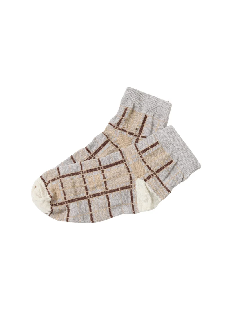 Pigiama lungo da donna a costine con pantaloni a quadri in cotone e calze incluse - sabbia