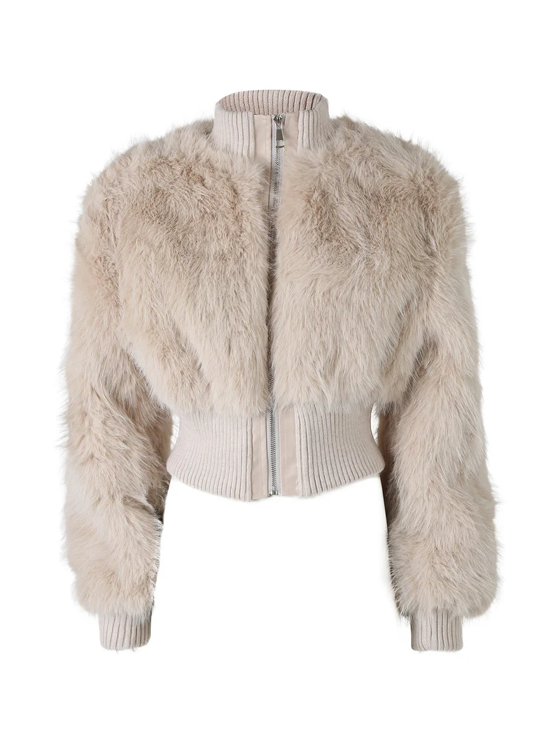 Giacca corta da donna in ecopelliccia con zip - beige