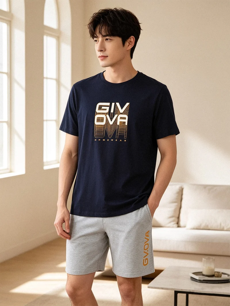 Completo corto da uomo in cotone con logo - blu scuro