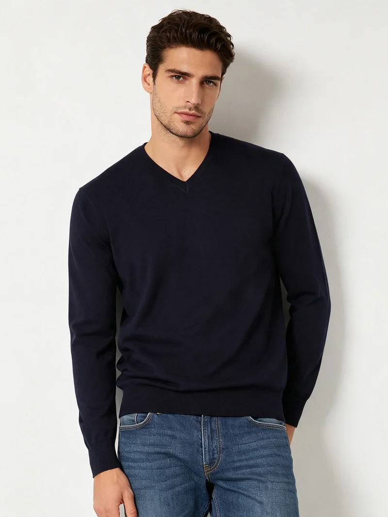 Pullover da uomo in maglia con scollo a V - blu scuro