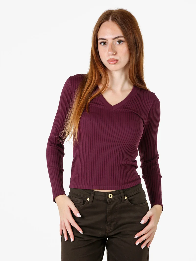 Maglia donna a coste con maniche lunghe e scollo a V - viola