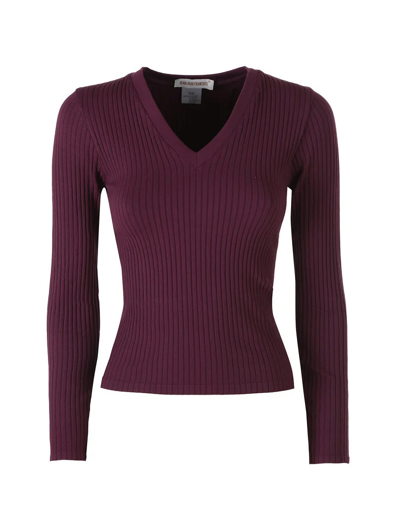 Maglia donna a coste con maniche lunghe e scollo a V - viola