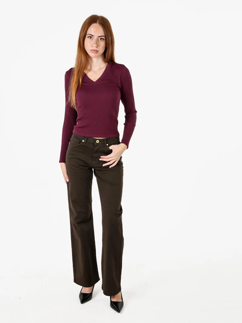 Maglia donna a coste con maniche lunghe e scollo a V - viola