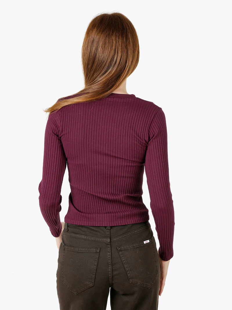 Maglia donna a coste con maniche lunghe e scollo a V - viola
