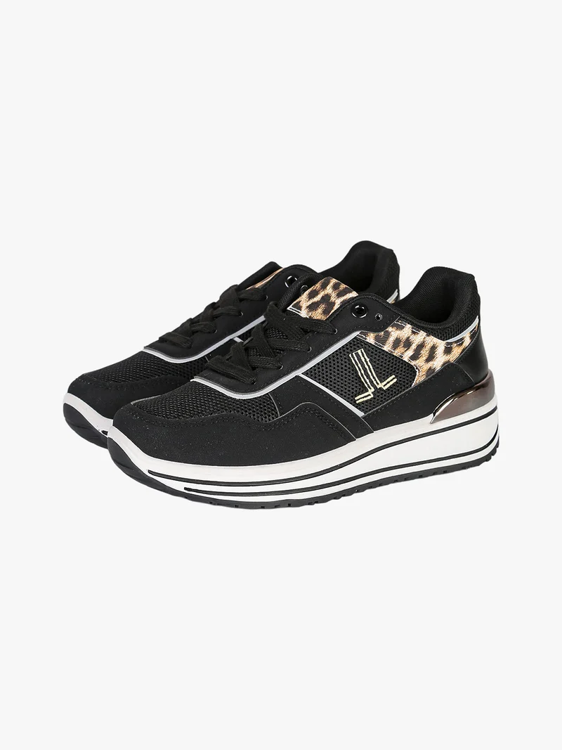 Sneakers donna con zeppa e dettagli animalier - nero