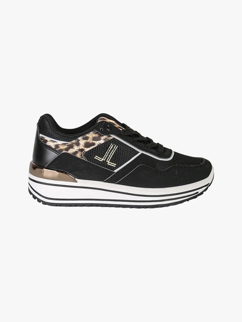 Sneakers donna con zeppa e dettagli animalier - nero