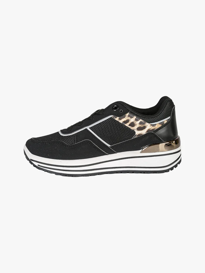 Sneakers donna con zeppa e dettagli animalier - nero