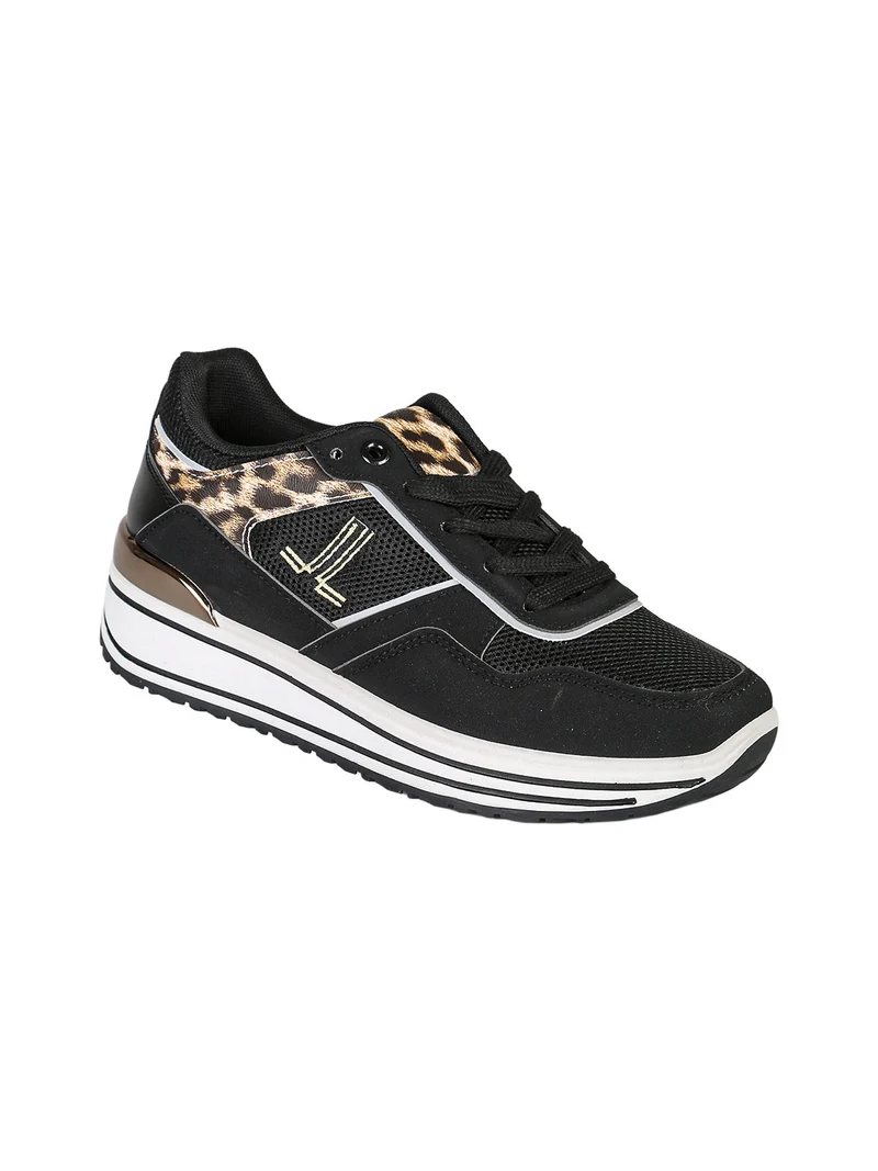 Sneakers donna con zeppa e dettagli animalier - nero