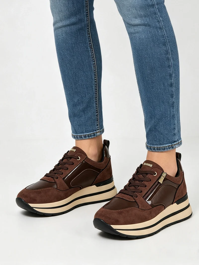 Sneakers donna stringate con zip e platform - moro