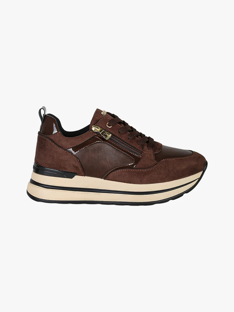 Sneakers donna stringate con zip e platform - moro