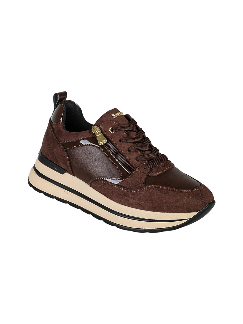 Sneakers donna stringate con zip e platform - moro