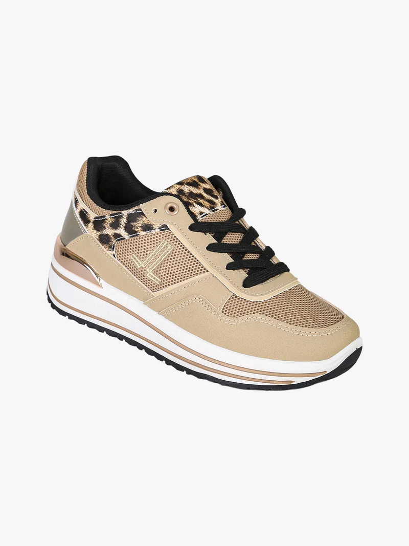 Sneakers donna con zeppa e dettagli animalier - sabbia
