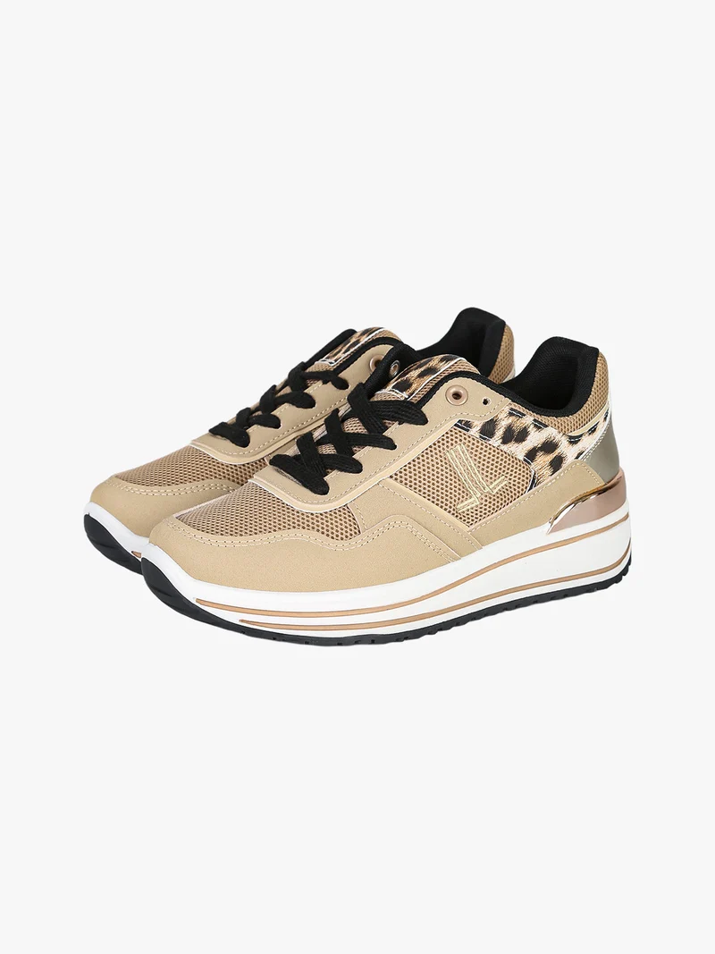 Sneakers donna con zeppa e dettagli animalier - sabbia