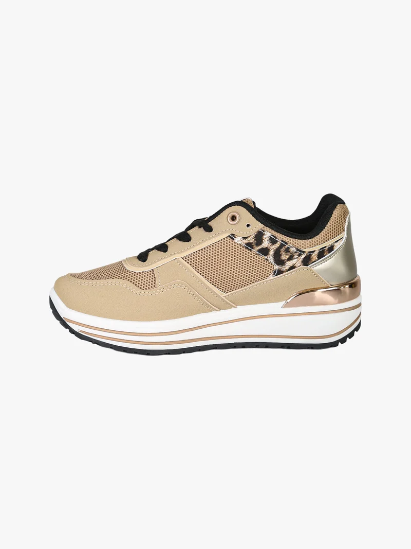 Sneakers donna con zeppa e dettagli animalier - sabbia