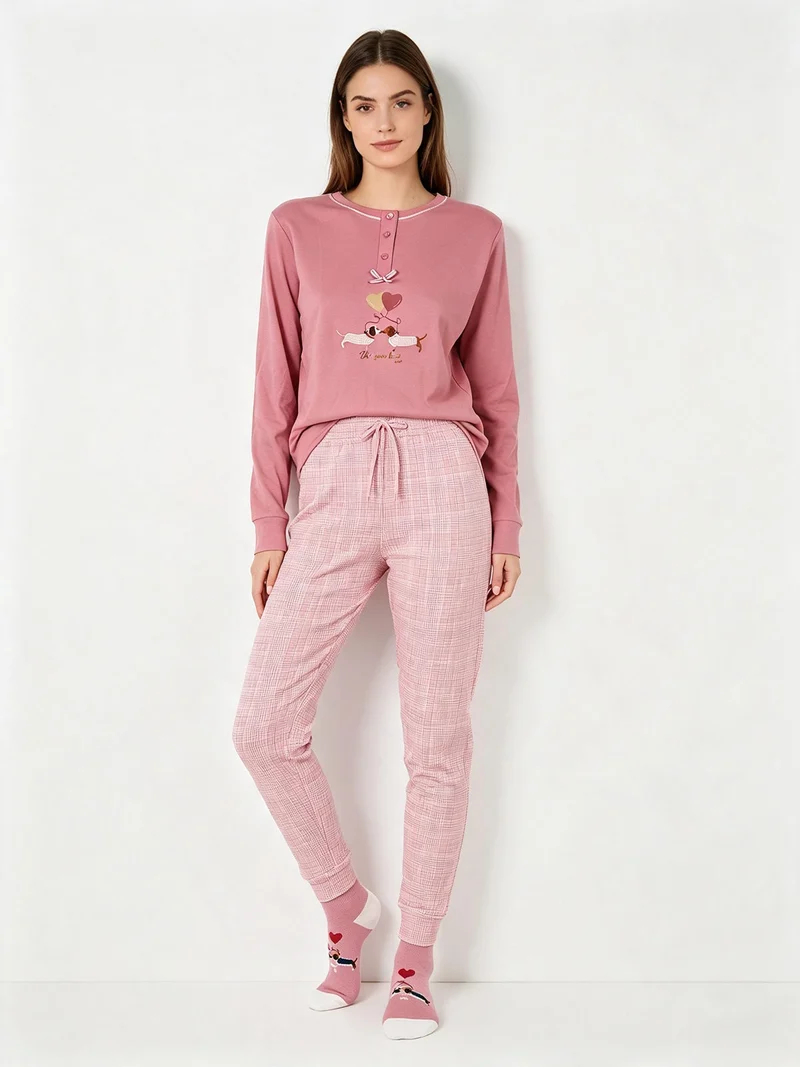 Pigiama lungo da donna in cotone con pantaloni a quadri e calze incluse - rosa