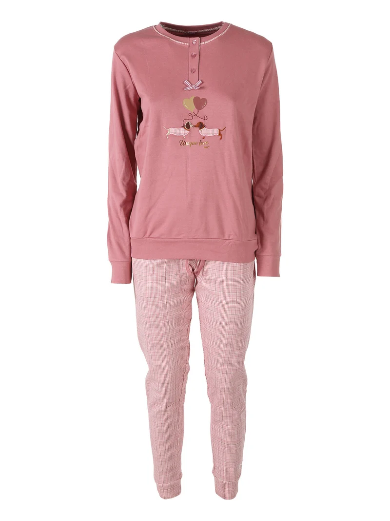 Pigiama lungo da donna in cotone con pantaloni a quadri e calze incluse - rosa