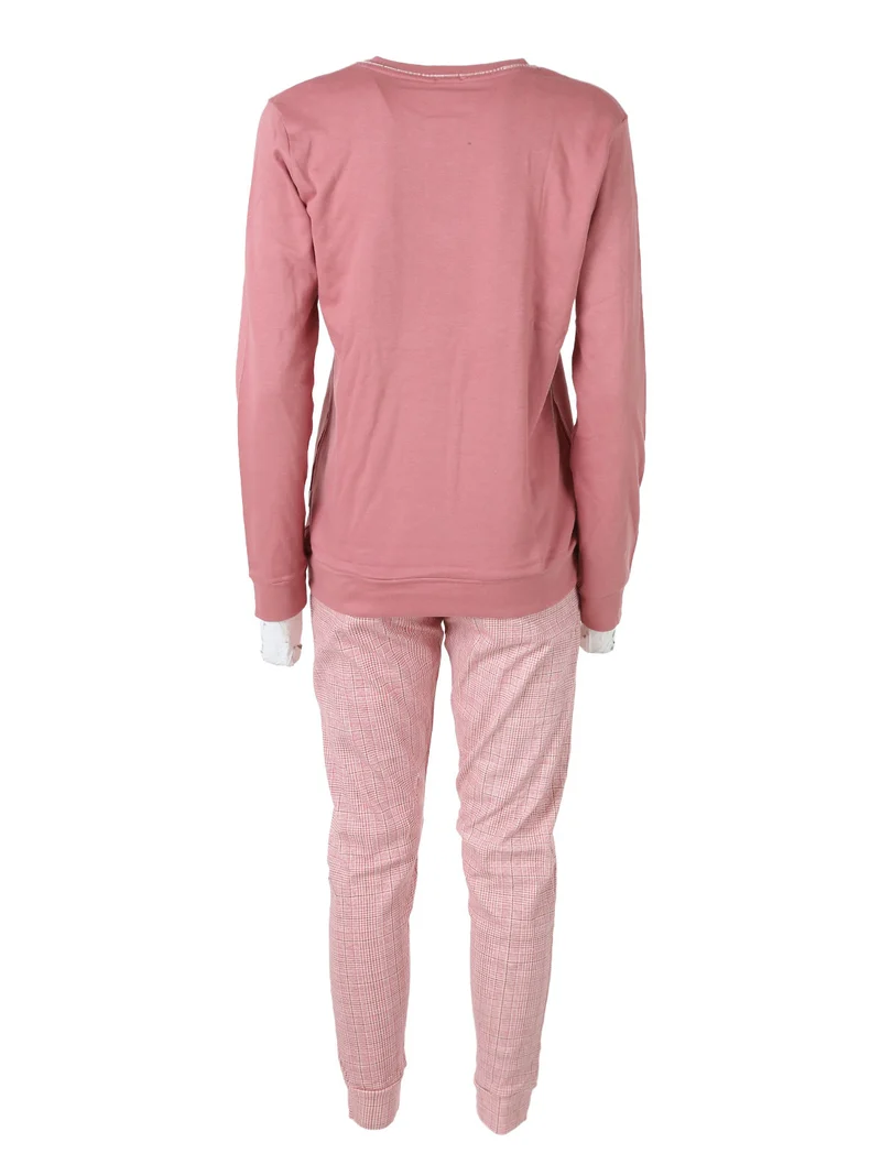 Pigiama lungo da donna in cotone con pantaloni a quadri e calze incluse - rosa