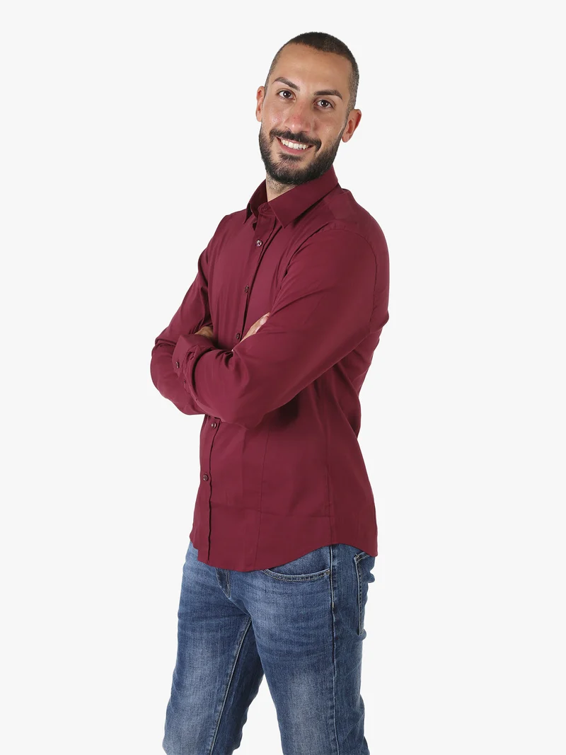 Camicia da uomo slim fit a maniche lunghe in cotone - bordeaux