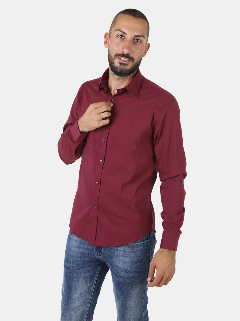 Camicia da uomo slim fit a maniche lunghe in cotone - bordeaux