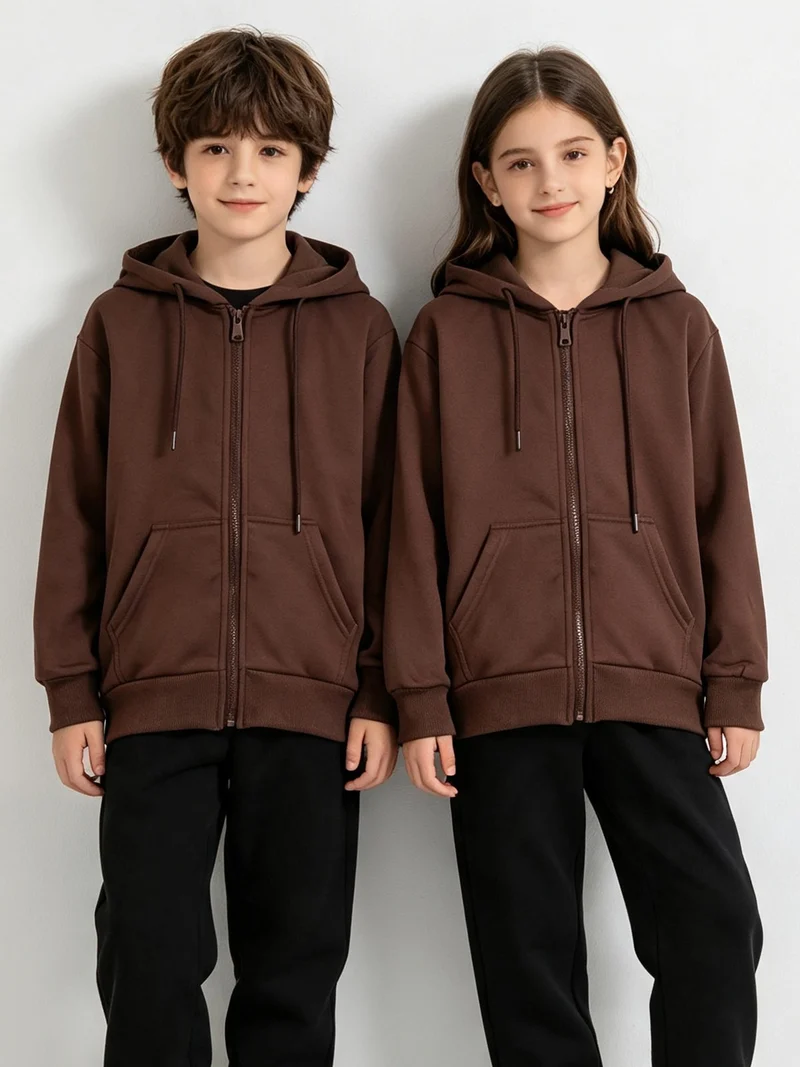 Felpa da ragazzi full zip con cappuccio e interno felpato - marrone
