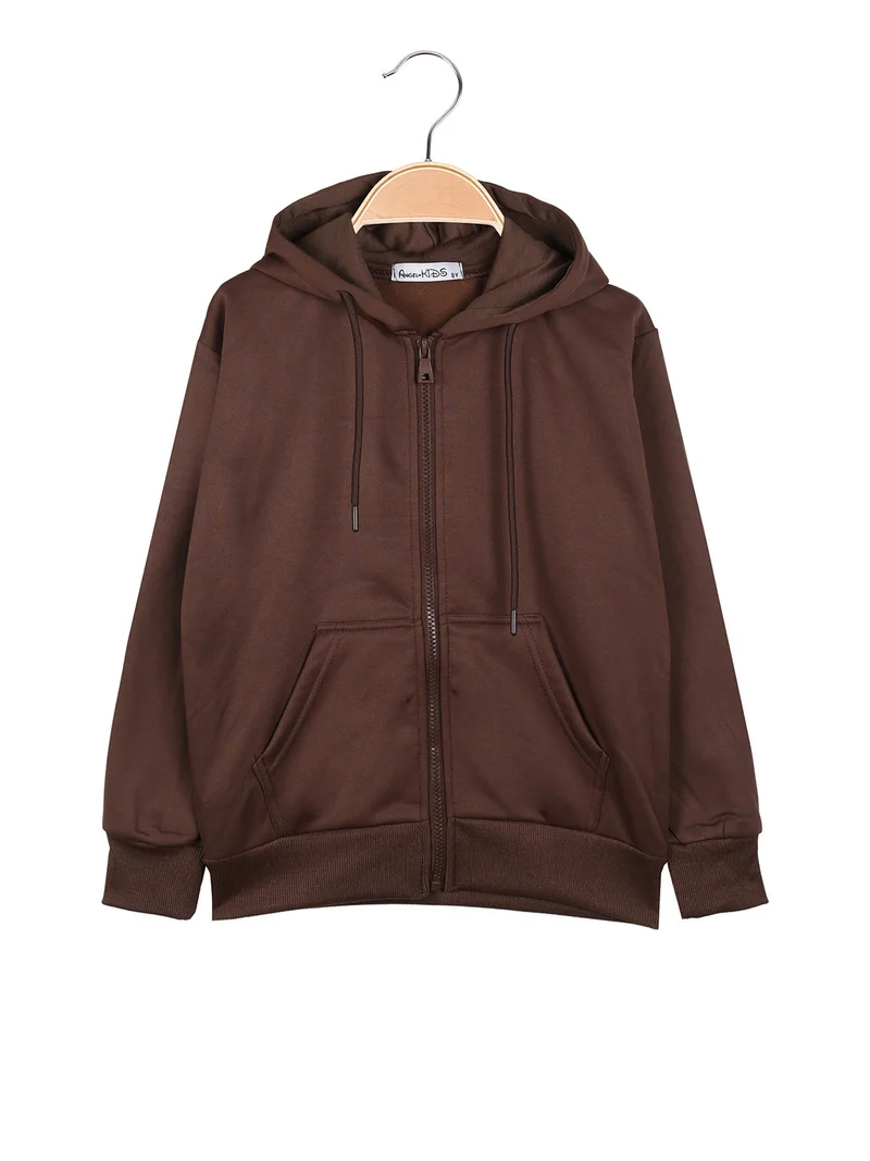 Felpa da ragazzi full zip con cappuccio e interno felpato - marrone