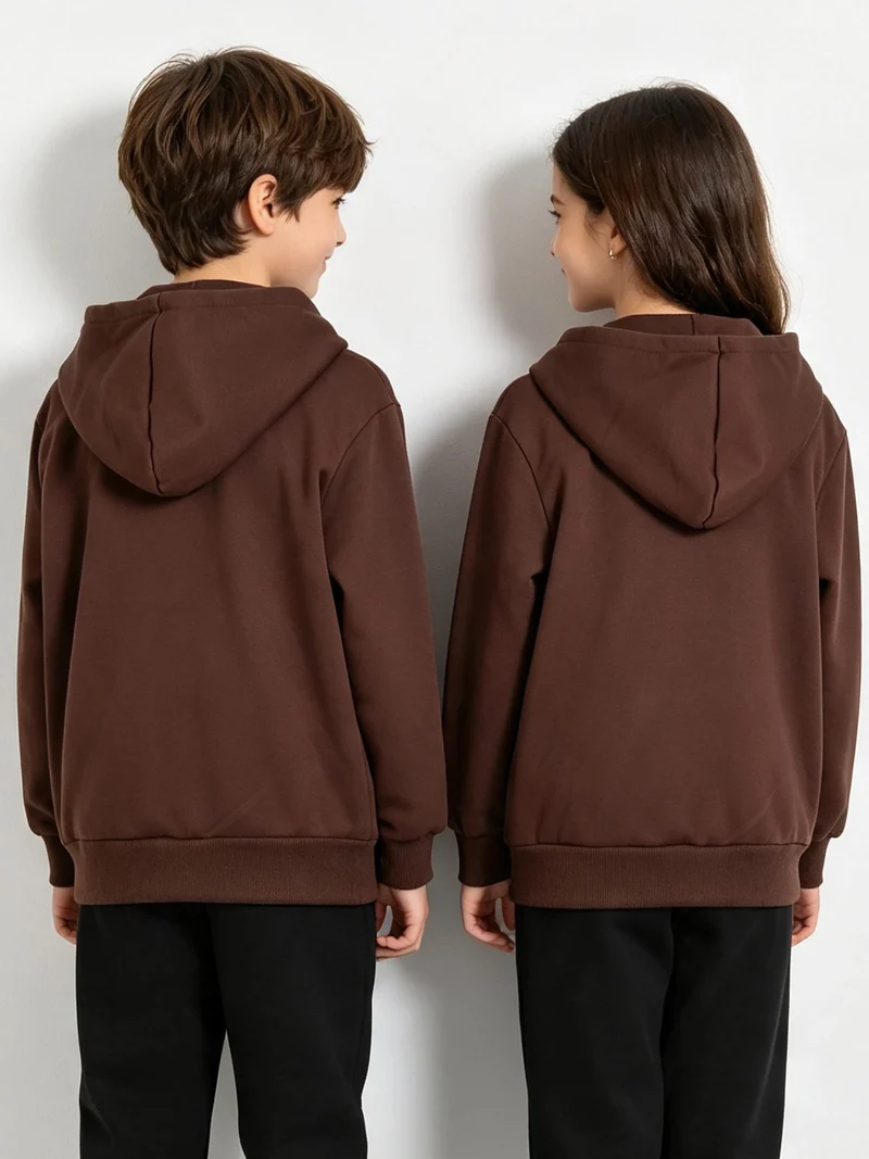 Felpa da ragazzi full zip con cappuccio e interno felpato - marrone