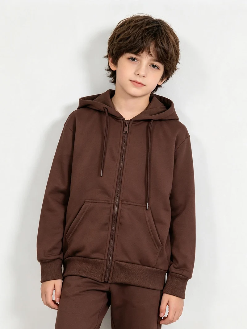 Felpa da ragazzi full zip con cappuccio e interno felpato - marrone