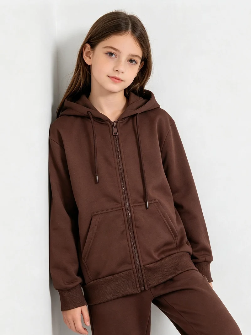 Felpa da ragazzi full zip con cappuccio e interno felpato - marrone