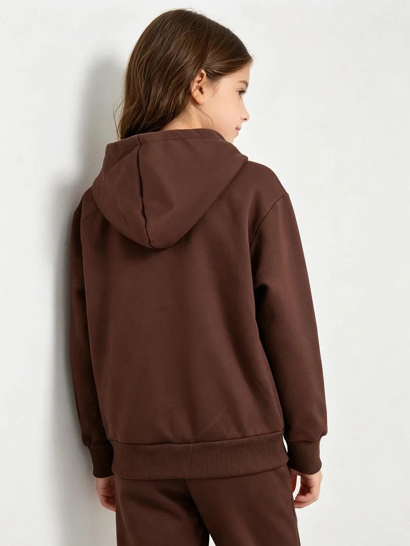 Felpa da ragazzi full zip con cappuccio e interno felpato - marrone