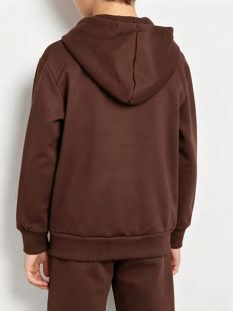 Felpa da ragazzi full zip con cappuccio e interno felpato - marrone