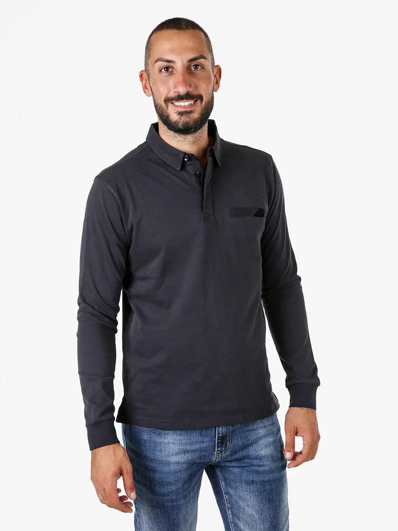 Polo da uomo a maniche lunghe in cotone con finto taschino - blu scuro