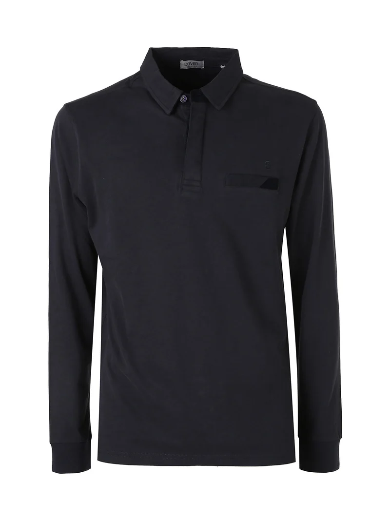 Polo da uomo a maniche lunghe in cotone con finto taschino - blu scuro