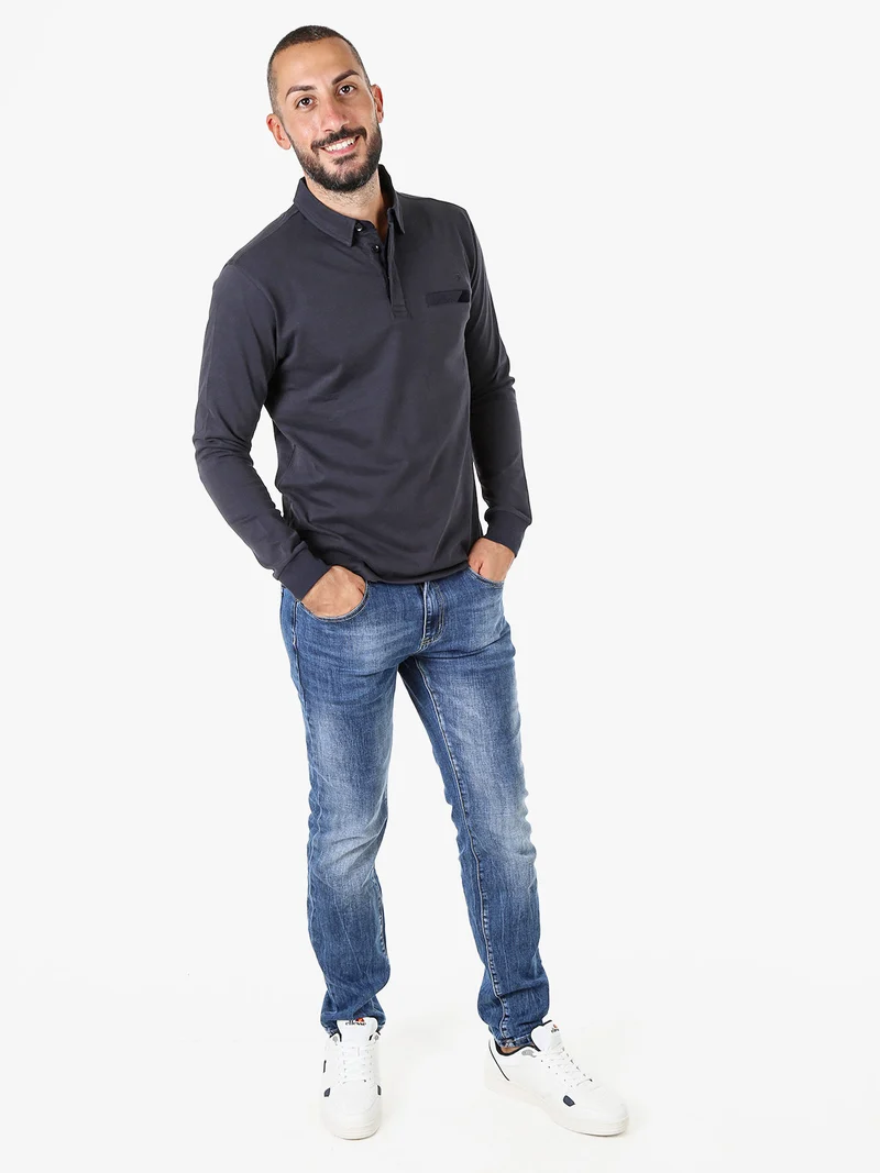 Polo da uomo a maniche lunghe in cotone con finto taschino - blu scuro