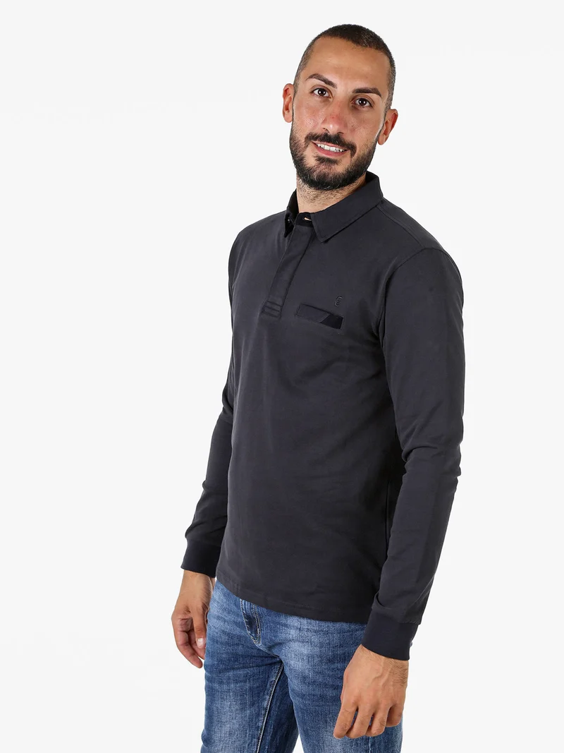 Polo da uomo a maniche lunghe in cotone con finto taschino - blu scuro